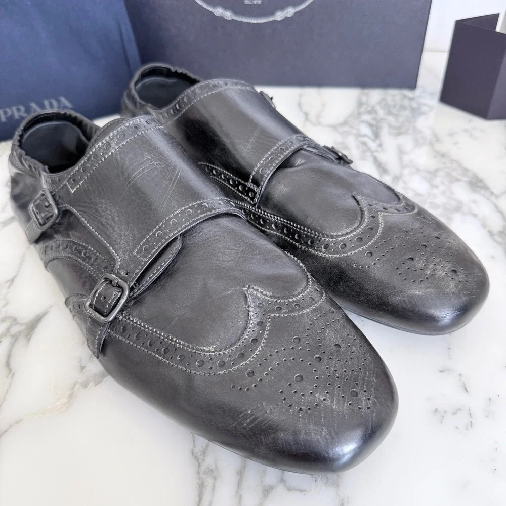 Prada 2EG469‎ Mens Leather Double Monk Strap Wingtip Shoes Grey Black UK 11
